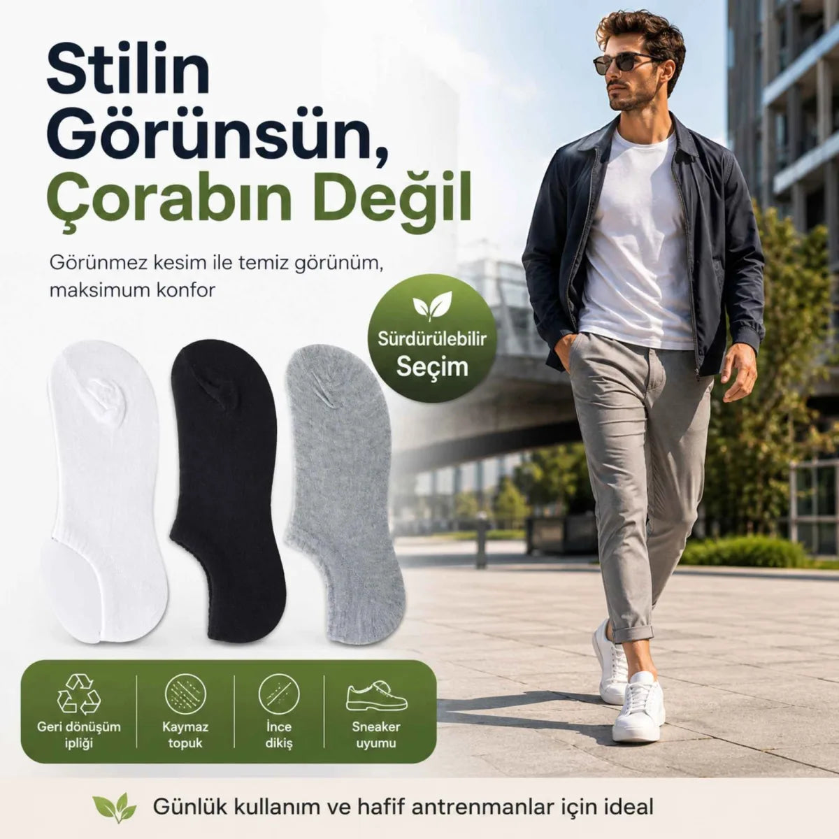 Erkek Görünmez Sneaker Babet Çorap 6'lı | Geri Dönüşüm İplikli, Kaymaz Topuk, Siyah Gri Beyaz