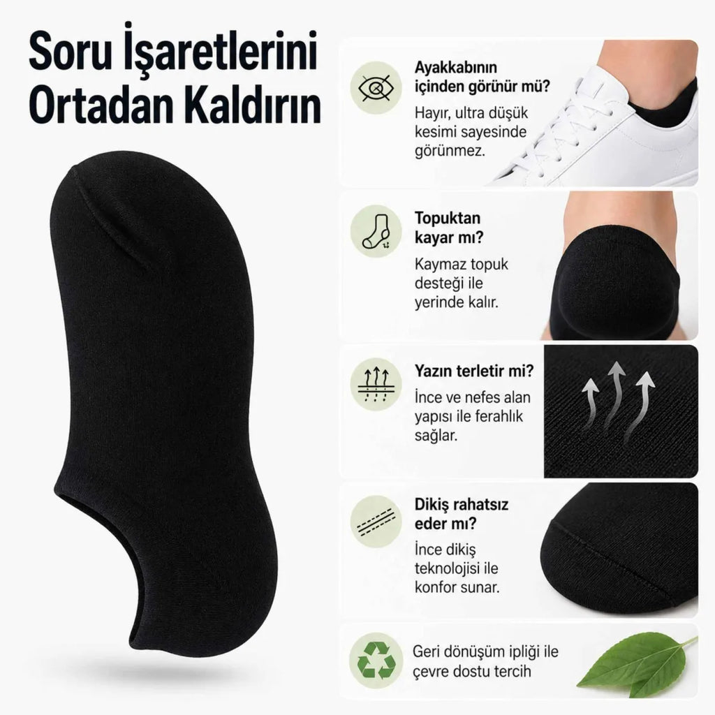 Erkek Görünmez Sneaker Babet Çorap 6'lı | Geri Dönüşüm İplikli, Kaymaz Topuk, Siyah Gri Beyaz