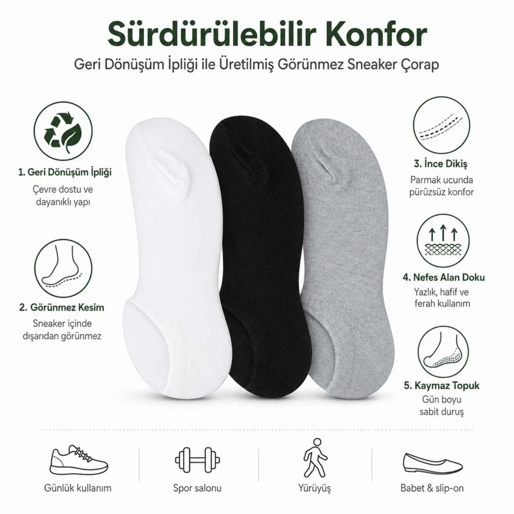 Erkek Görünmez Sneaker Babet Çorap 6'lı | Geri Dönüşüm İplikli, Kaymaz Topuk, Siyah Gri Beyaz