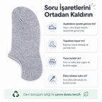 Erkek Geri Dönüşüm İplikli 6’lı Görünmez Sneaker Çorap, İnce Dikişli, Nefes Alan Yazlık Babet Çorabı, Kaymaz Topuklu Siyah Gri Beyaz