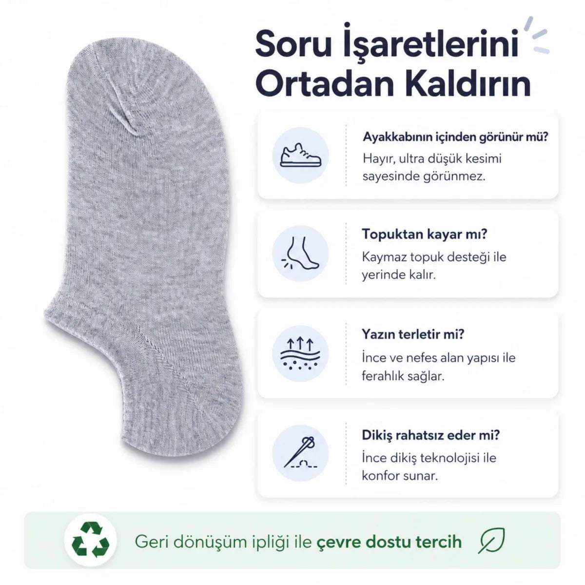 Erkek Görünmez Sneaker Babet Çorap 6'lı | Geri Dönüşüm İplikli, Kaymaz Topuk, Siyah Gri Beyaz