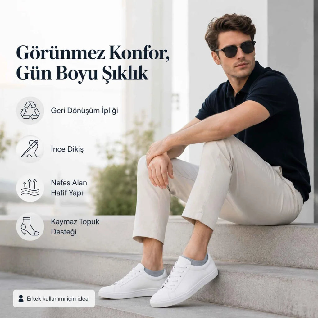 Erkek Görünmez Sneaker Babet Çorap 6'lı | Geri Dönüşüm İplikli, Kaymaz Topuk, Siyah Gri Beyaz