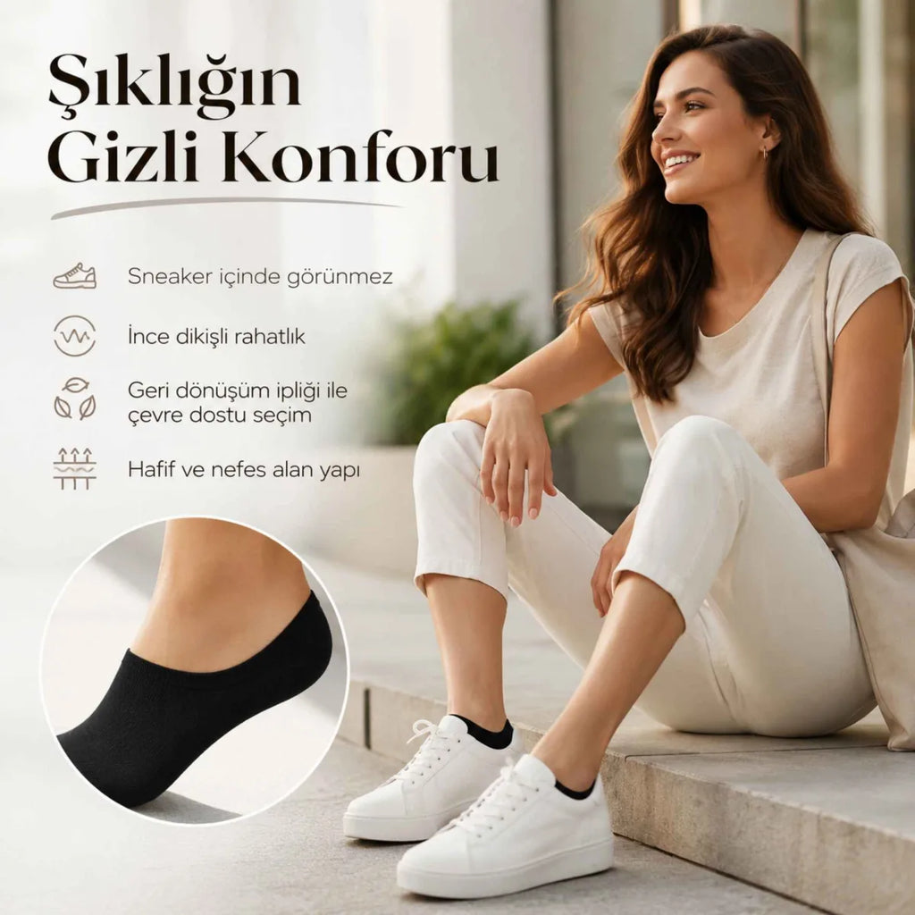 Erkek Görünmez Sneaker Babet Çorap 6'lı | Geri Dönüşüm İplikli, Kaymaz Topuk, Siyah Gri Beyaz