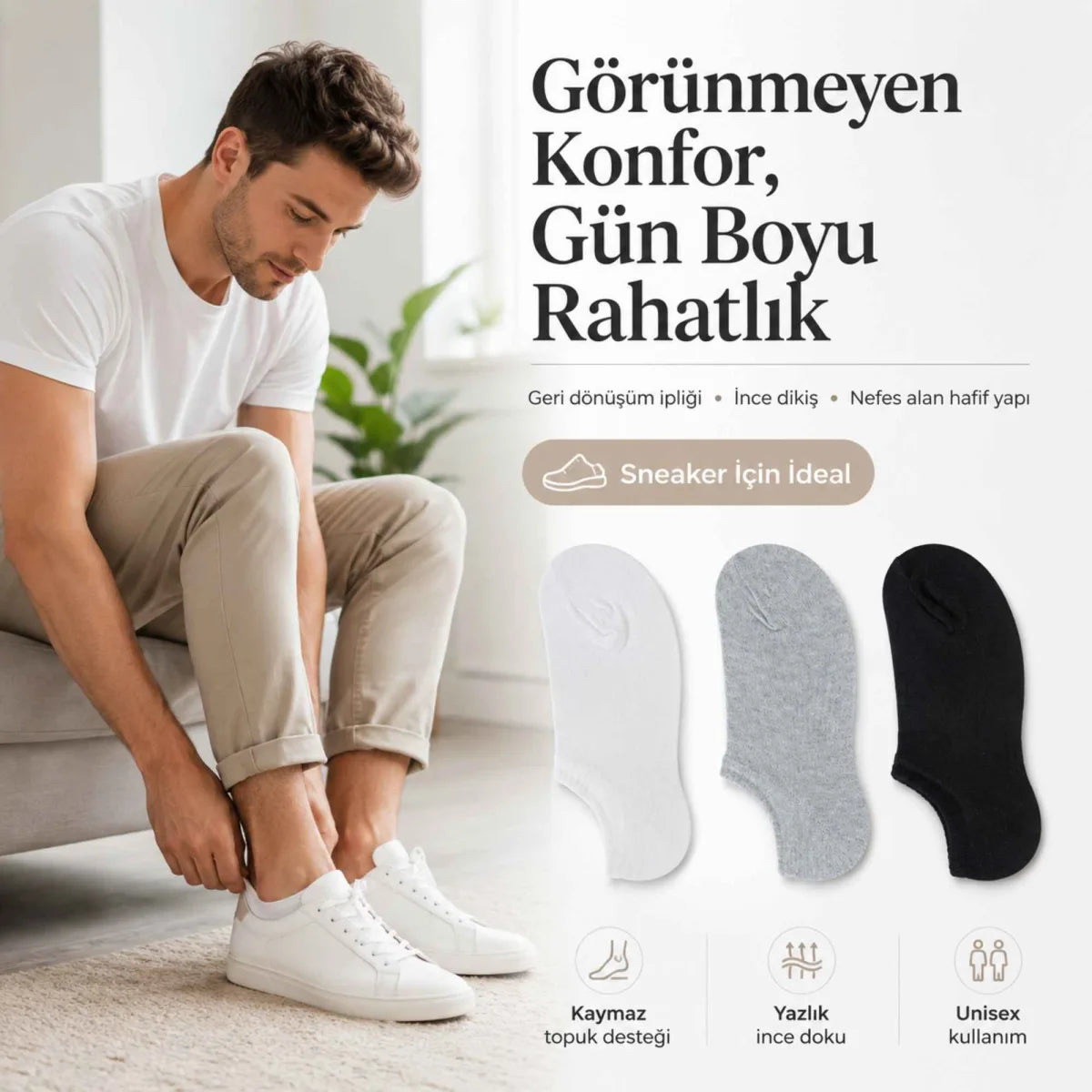 Erkek Görünmez Sneaker Babet Çorap 6'lı | Geri Dönüşüm İplikli, Kaymaz Topuk, Siyah Gri Beyaz