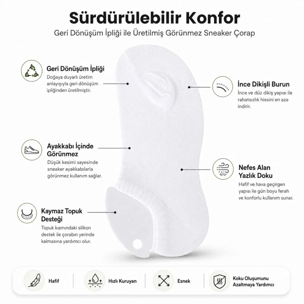 Erkek Görünmez Sneaker Babet Çorap 6'lı | Geri Dönüşüm İplikli, Kaymaz Topuk, Siyah Gri Beyaz