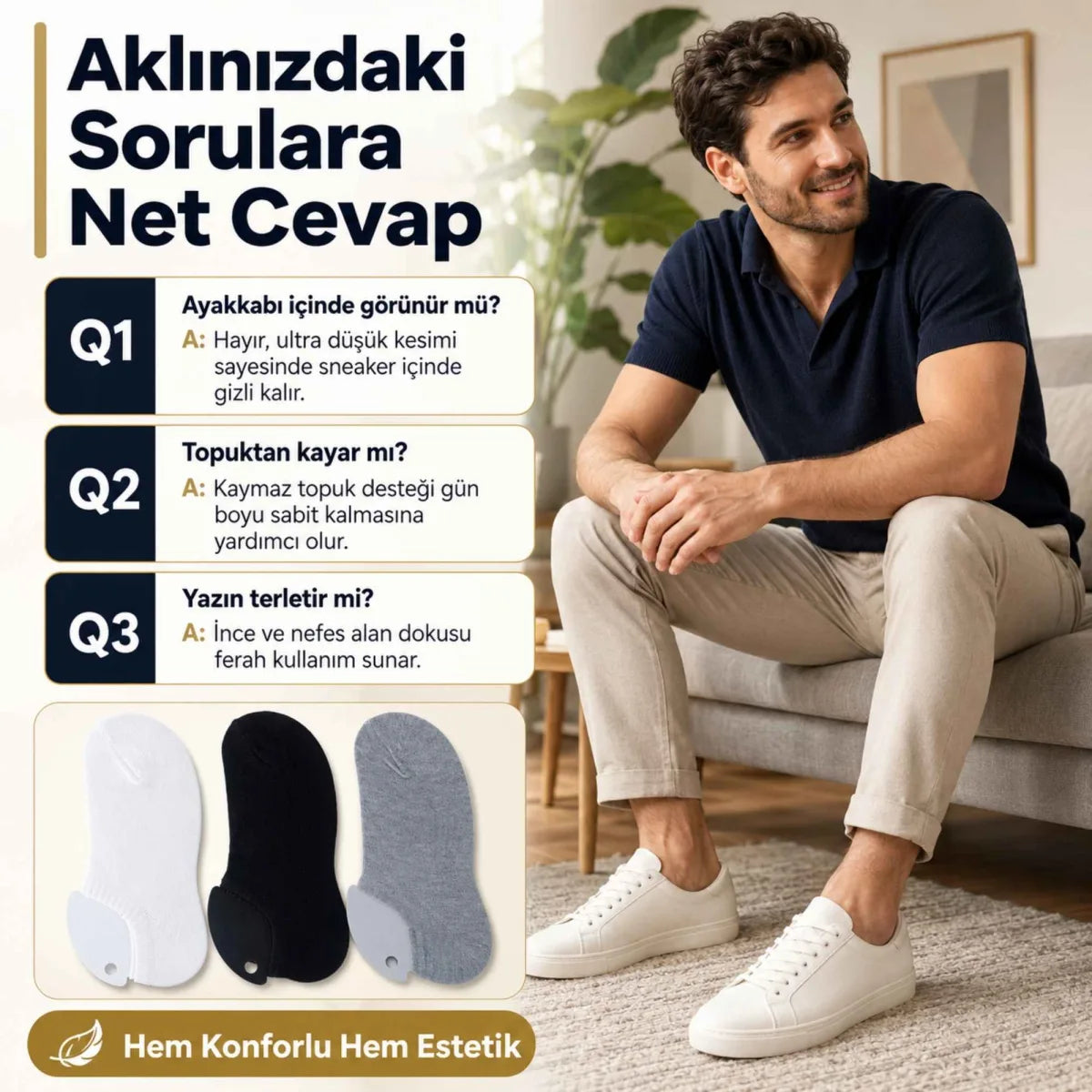 Erkek Görünmez Sneaker Babet Çorap 6'lı | Geri Dönüşüm İplikli, Kaymaz Topuk, Siyah Gri Beyaz
