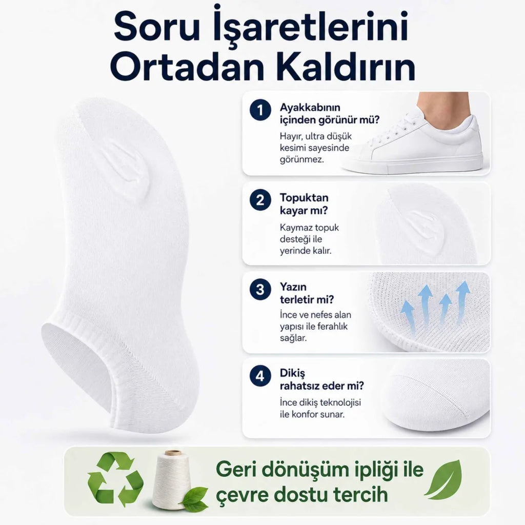 Erkek Görünmez Sneaker Babet Çorap 6'lı | Geri Dönüşüm İplikli, Kaymaz Topuk, Siyah Gri Beyaz