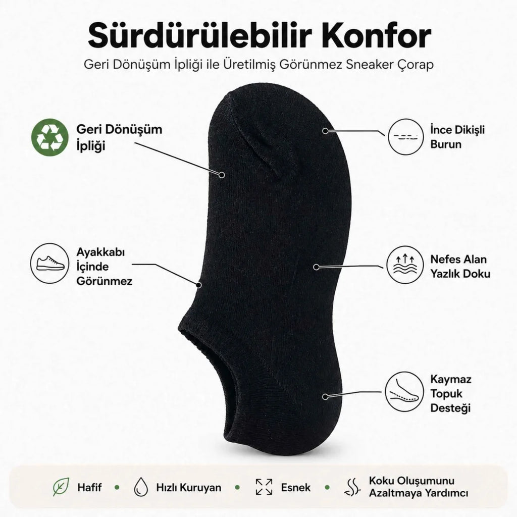 Erkek Görünmez Sneaker Babet Çorap 6'lı | Geri Dönüşüm İplikli, Kaymaz Topuk, Siyah Gri Beyaz