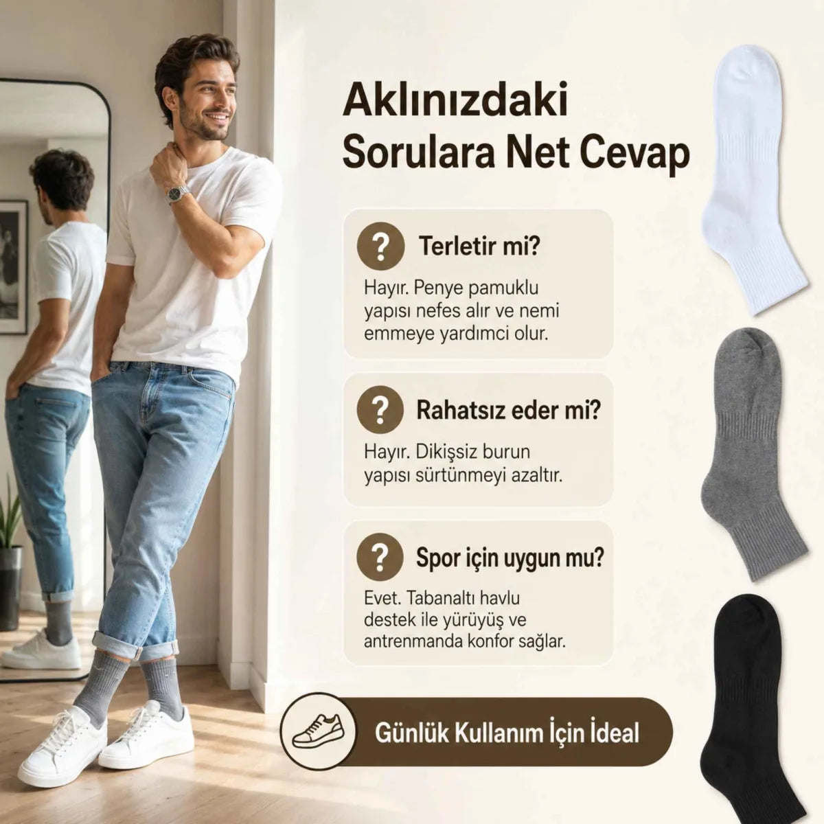 Erkek Spor Çorap 6'lı | Penye Pamuklu Havlu Tabanlı Uzun Konç, Dikişsiz Burun, Siyah Gri Beyaz