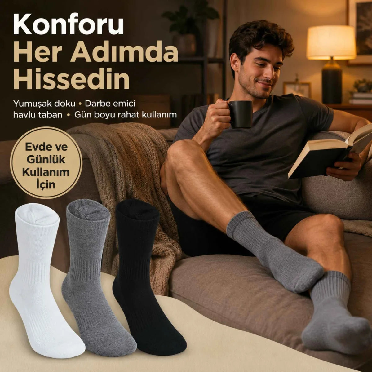 Erkek Spor Çorap 6'lı | Penye Pamuklu Havlu Tabanlı Uzun Konç, Dikişsiz Burun, Siyah Gri Beyaz