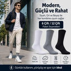 Erkek Spor Çorap 6'lı | Penye Pamuklu Havlu Tabanlı Uzun Konç, Dikişsiz Burun, Siyah Gri Beyaz