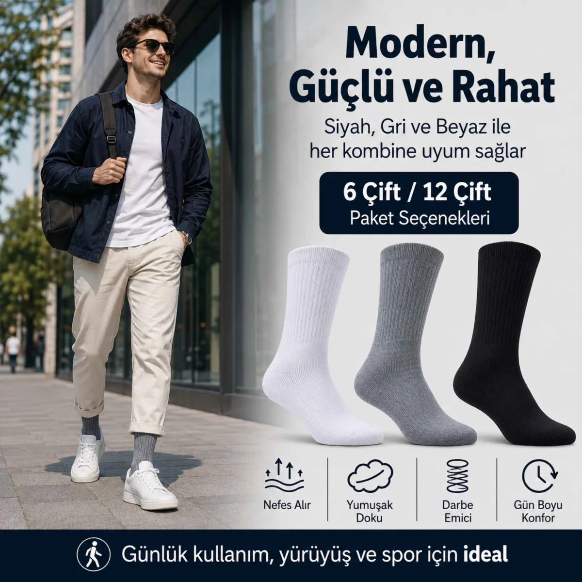 Erkek Spor Çorap 6'lı | Penye Pamuklu Havlu Tabanlı Uzun Konç, Dikişsiz Burun, Siyah Gri Beyaz