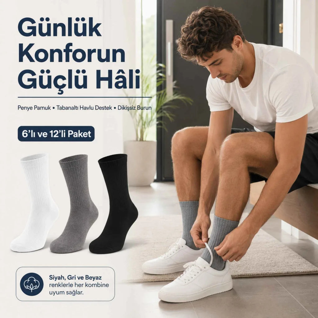 Erkek Spor Çorap 6'lı | Penye Pamuklu Havlu Tabanlı Uzun Konç, Dikişsiz Burun, Siyah Gri Beyaz