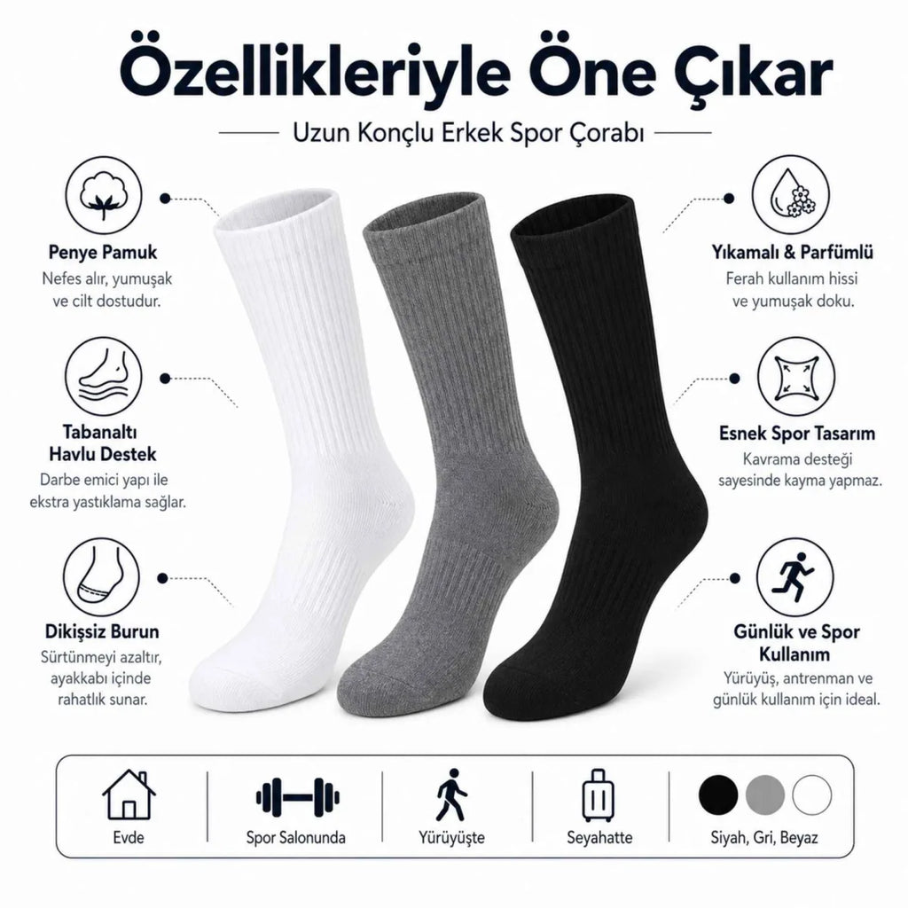 Erkek Spor Çorap 6'lı | Penye Pamuklu Havlu Tabanlı Uzun Konç, Dikişsiz Burun, Siyah Gri Beyaz
