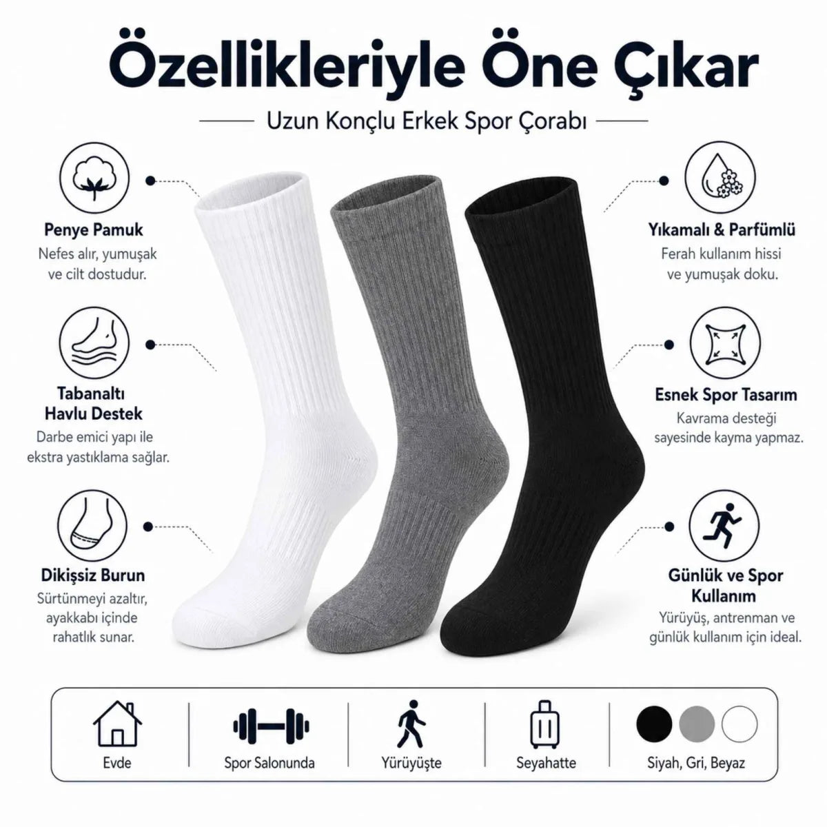 Erkek Spor Çorap 6'lı | Penye Pamuklu Havlu Tabanlı Uzun Konç, Dikişsiz Burun, Siyah Gri Beyaz