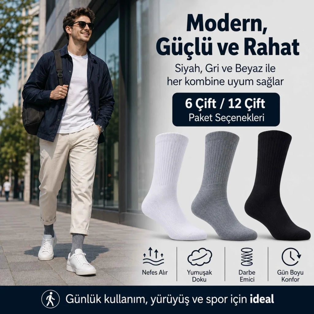 Erkek Spor Çorap 12 Çift, Taban Altı Havlu Destekli Penye Pamuklu Uzun Konç Çorap