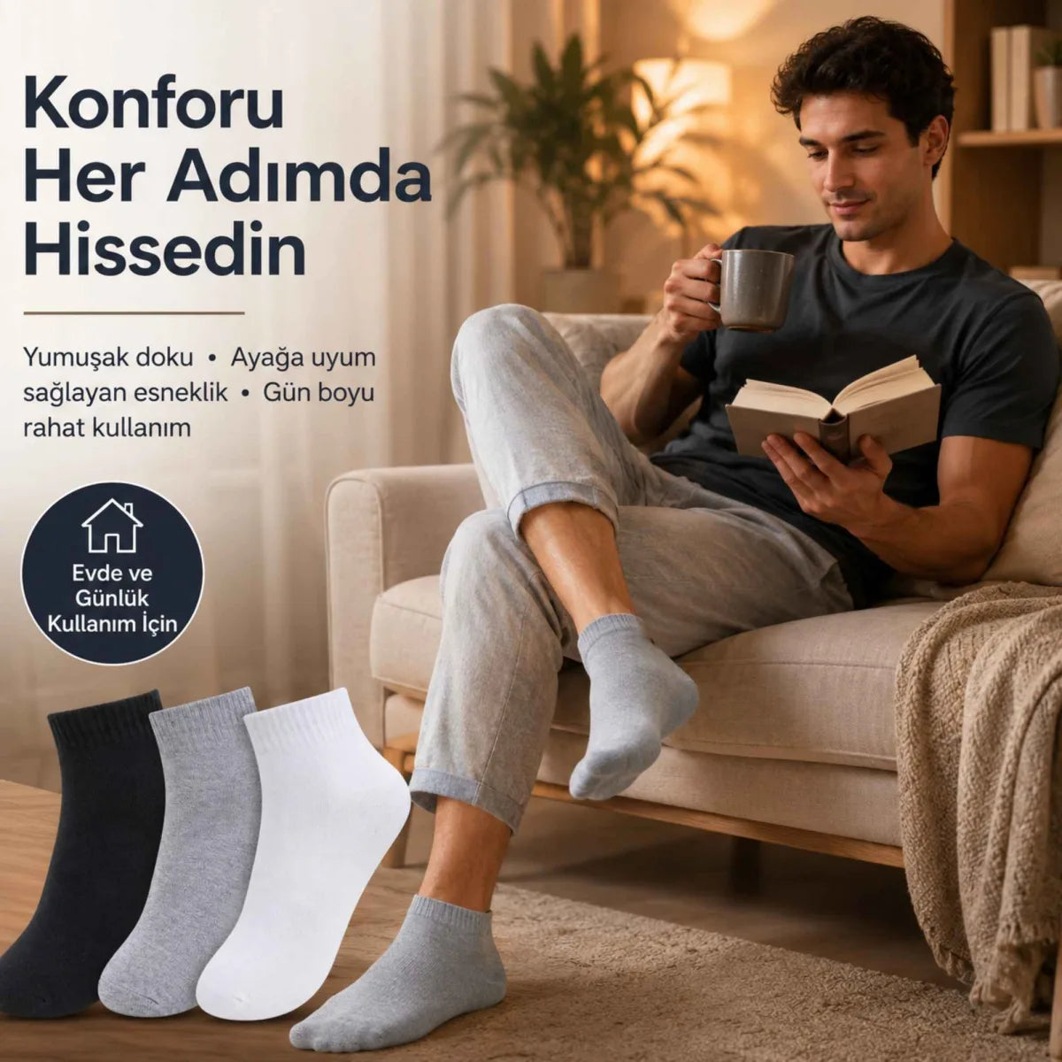Erkek Kısa Konç Çorap 3'lü | %80 Pamuklu Dikişsiz Burun, Nefes Alan, Siyah Gri Beyaz