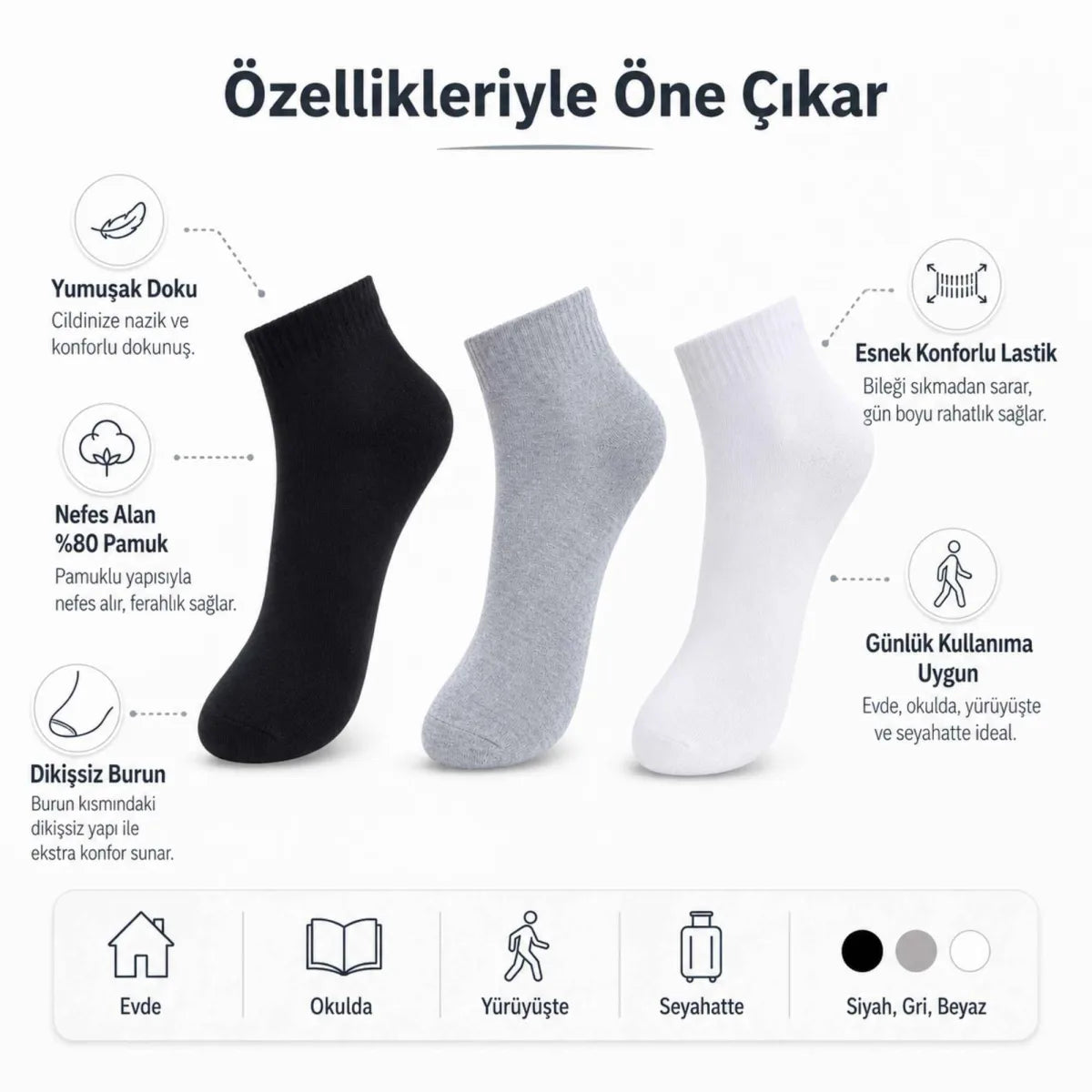 Erkek Kısa Konç Çorap 3'lü | %80 Pamuklu Dikişsiz Burun, Nefes Alan, Siyah Gri Beyaz
