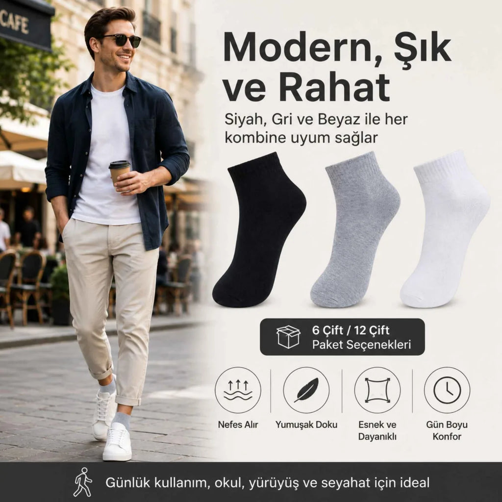 Erkek Kısa Konç Çorap 6’lı Paket, %80 Pamuklu, Dikişsiz Burun, Nefes Alan Yumuşak Bilek Çorabı, Siyah Gri Beyaz