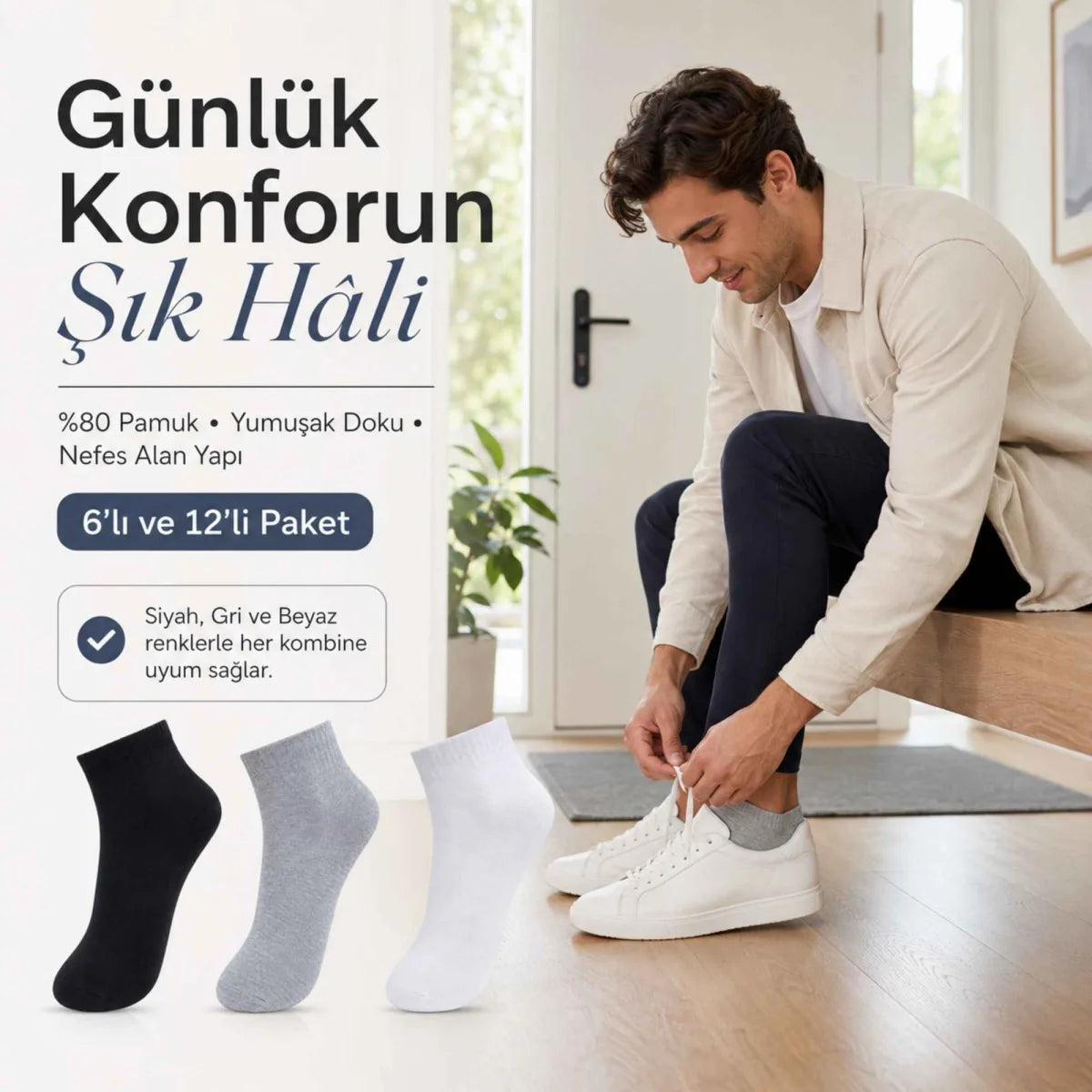 Erkek Kısa Konç Çorap 6’lı Paket, %80 Pamuklu, Dikişsiz Burun, Nefes Alan Yumuşak Bilek Çorabı, Siyah Gri Beyaz