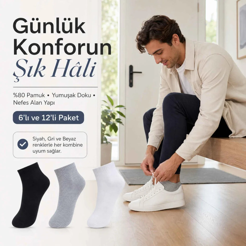 Erkek Kısa Konç Çorap 6'lı | %80 Pamuklu Dikişsiz Burun, Nefes Alan, Siyah Gri Beyaz