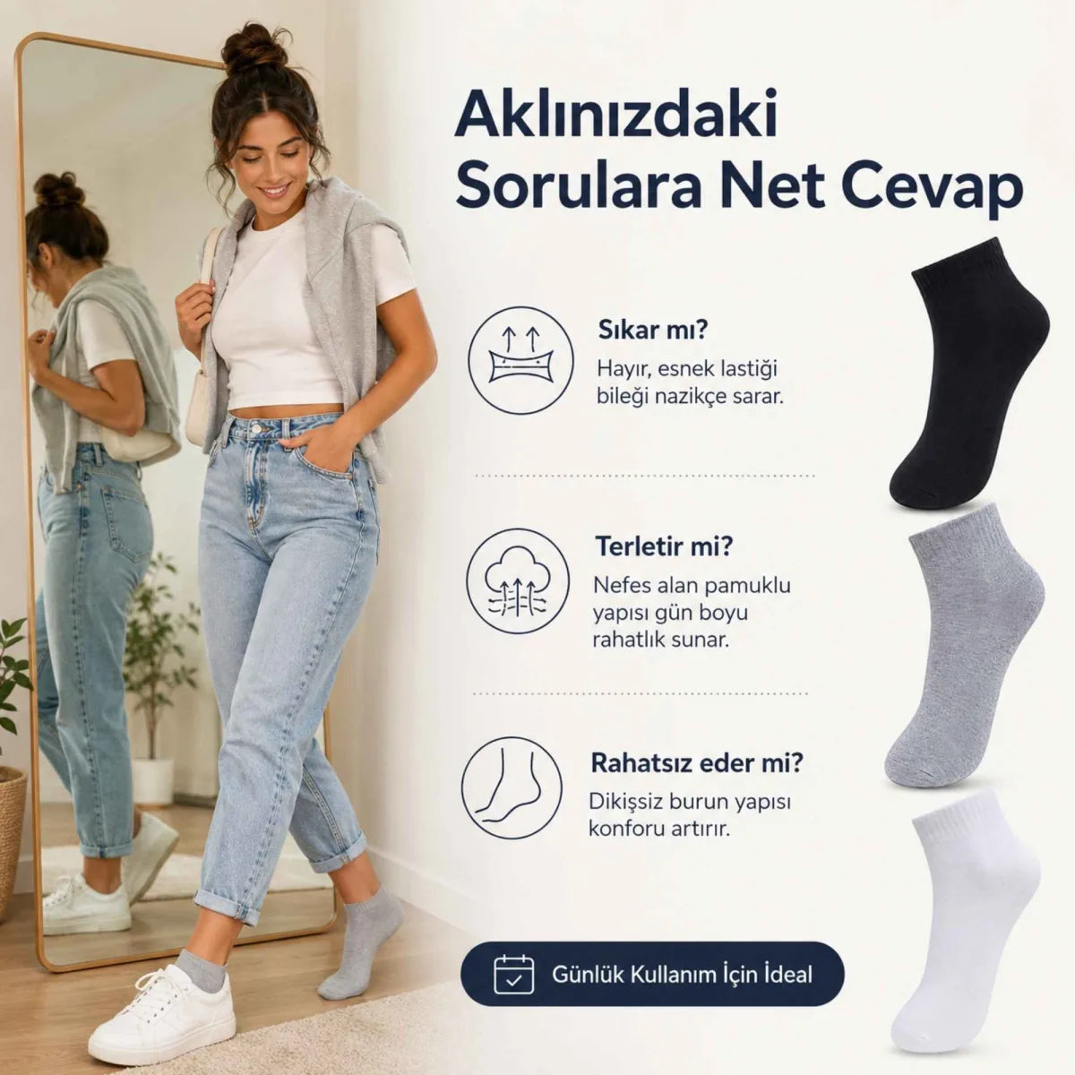 Kadın Kısa Konç Çorap 12'li | %80 Pamuklu Dikişsiz Burun, Nefes Alan, Siyah Gri Beyaz