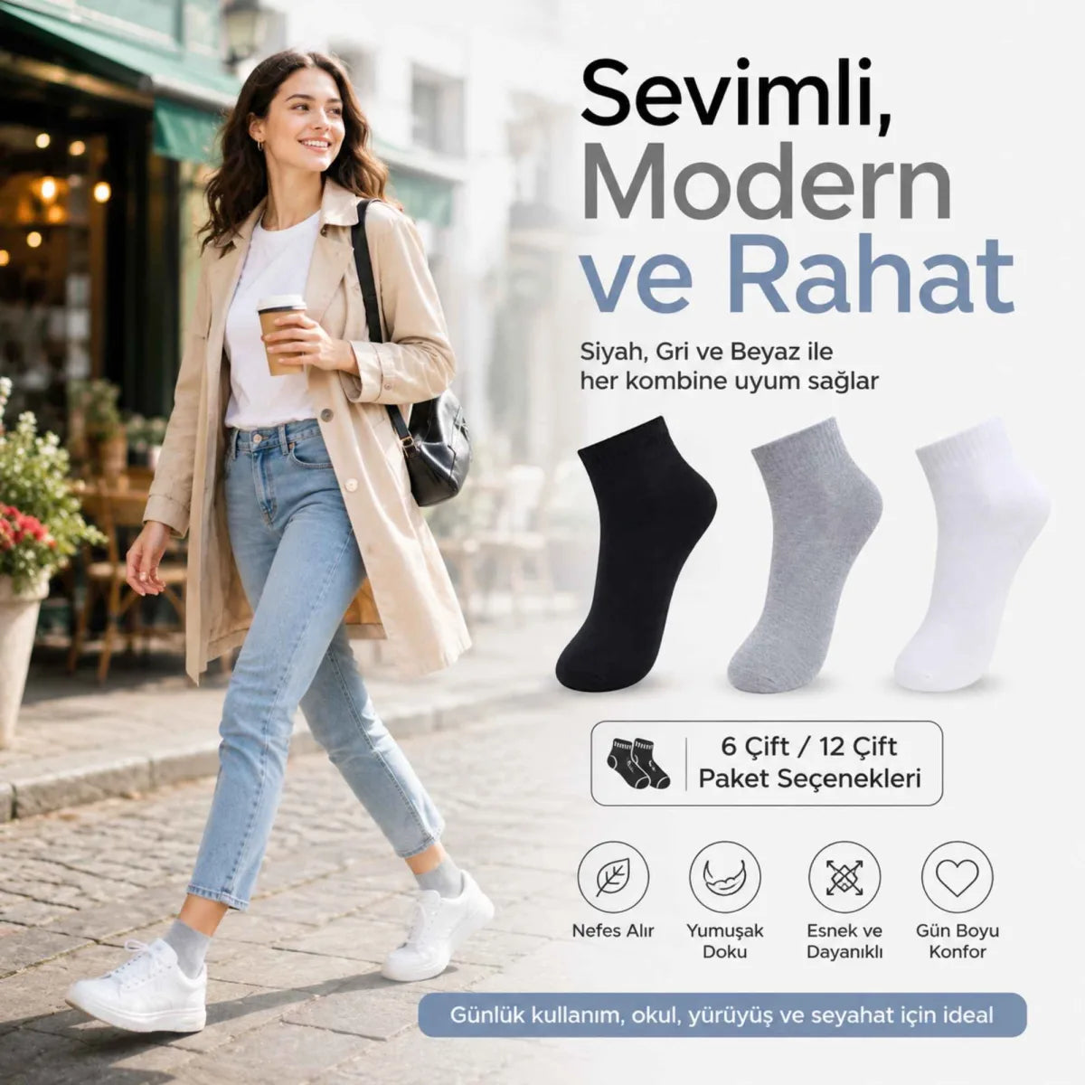 Kadın Kısa Konç Çorap 3'lü | %80 Pamuklu Dikişsiz Burun, Nefes Alan, Siyah Gri Beyaz