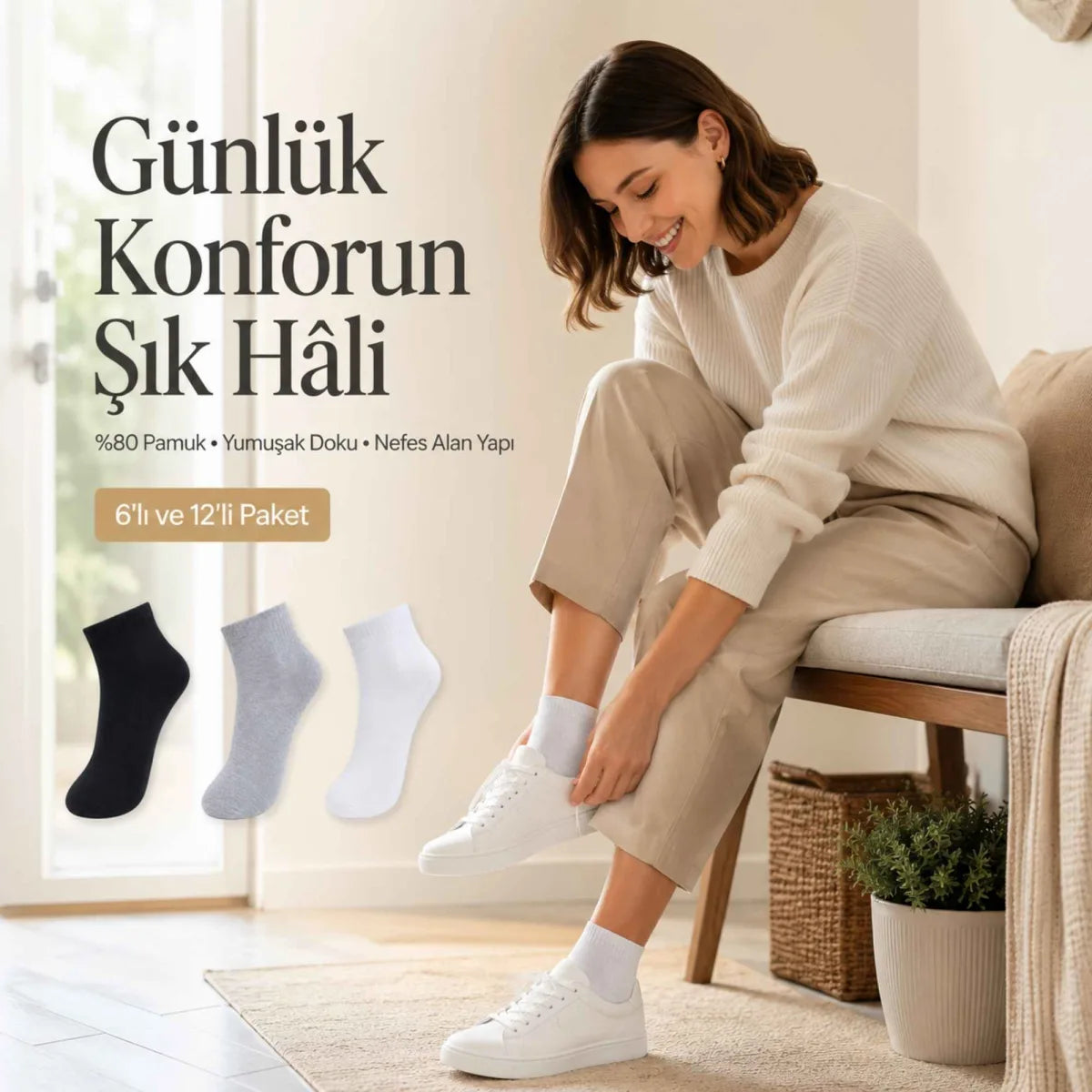 Kadın Kısa Konç Çorap 3'lü | %80 Pamuklu Dikişsiz Burun, Nefes Alan, Siyah Gri Beyaz