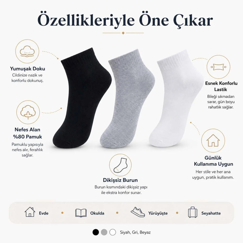 Kadın Kısa Konç Çorap 3’lü Paket, %80 Pamuklu, Dikişsiz Burun, Nefes Alan Yumuşak Bilek Çorabı, Siyah Gri Beyaz