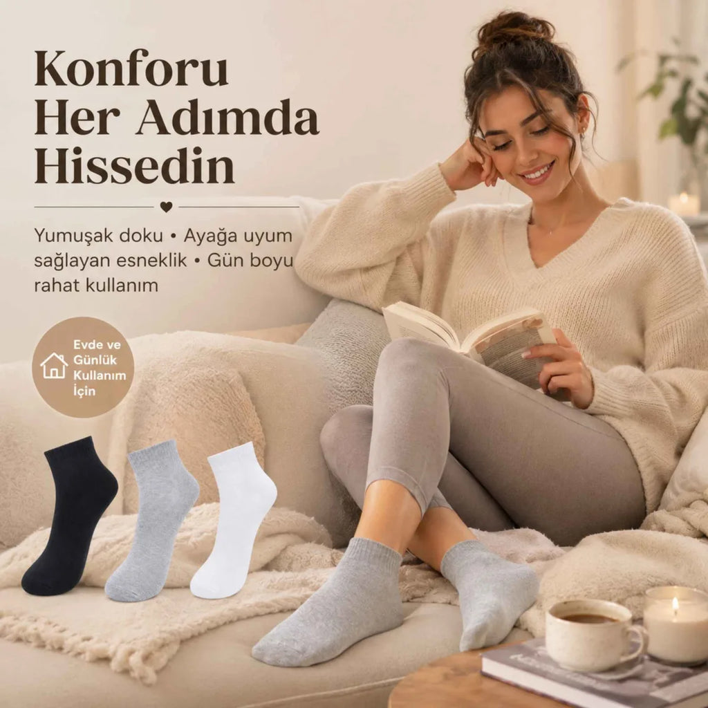 Kadın Kısa Konç Çorap 6’lı Paket, %80 Pamuklu, Dikişsiz Burun, Nefes Alan Yumuşak Bilek Çorabı, Siyah Gri Beyaz