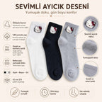 Kadın Sevimli Kedi Desenli Bilek Çorap 12'lı | %80 Pamuklu Dikişsiz, Siyah Beyaz Gri