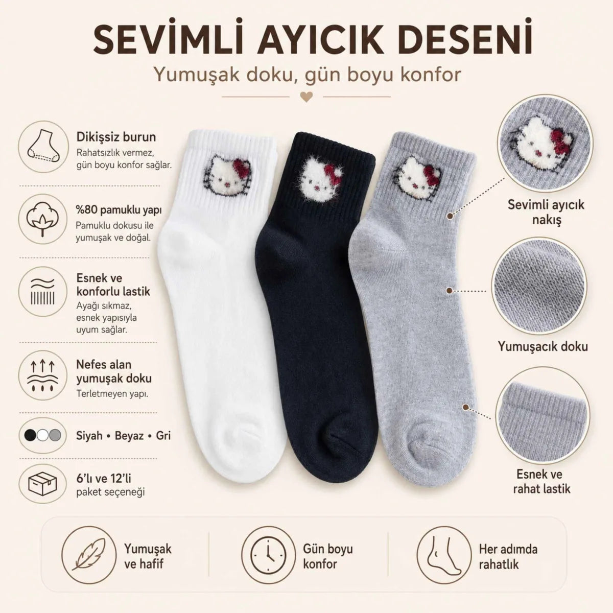 Kadın Sevimli Kedi Desenli Bilek Çorap 12'lı | %80 Pamuklu Dikişsiz, Siyah Beyaz Gri