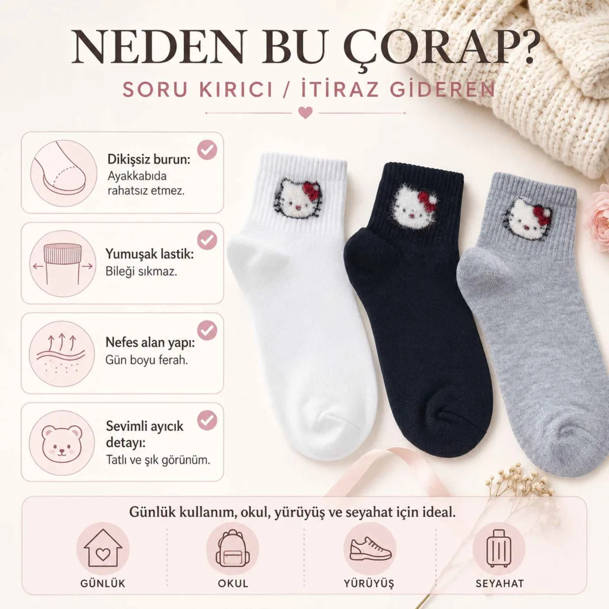Kadın Sevimli Kedi Desenli Bilek Çorap 3'lı | %80 Pamuklu Dikişsiz, Siyah Beyaz Gri
