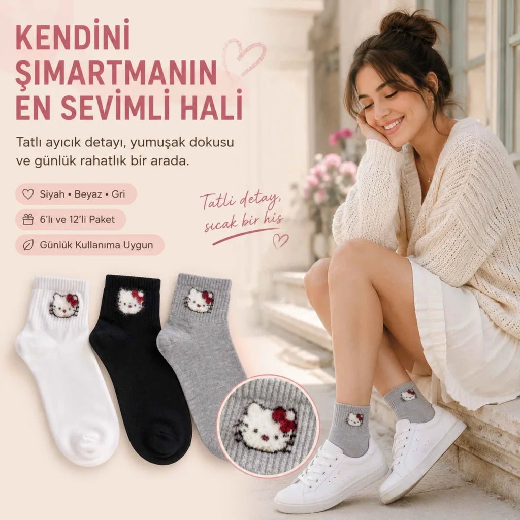 Kadın Sevimli Kedi Desenli Bilek Çorap 3'lı | %80 Pamuklu Dikişsiz, Siyah Beyaz Gri