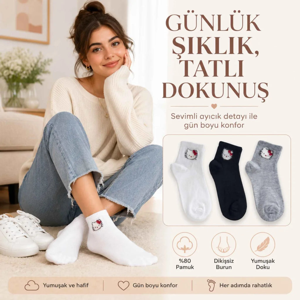 Kadın Sevimli Kedi Desenli Bilek Çorap 6'lı | %80 Pamuklu Dikişsiz, Siyah Beyaz Gri