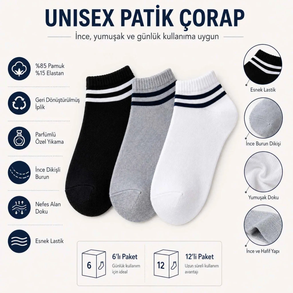 Unisex Çizgili Patik Çorap 12'lı | %85 Pamuklu Geri Dönüşüm İplikli, İnce Dikişli Spor