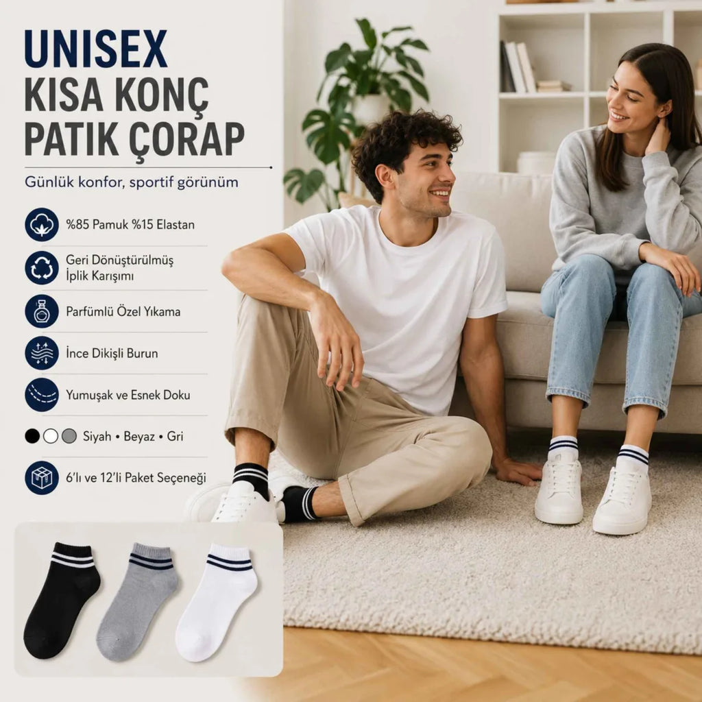 Unisex Çizgili Patik Çorap 12'lı | %85 Pamuklu Geri Dönüşüm İplikli, İnce Dikişli Spor