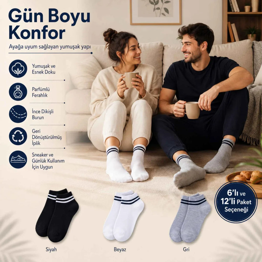 Unisex Çizgili Patik Çorap 6'lı | %85 Pamuklu Geri Dönüşüm İplikli, İnce Dikişli Spor