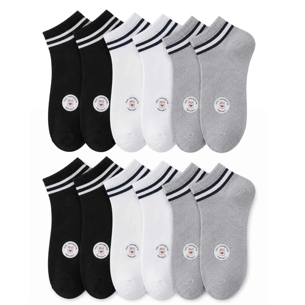 Unisex Çizgili Patik Çorap 6'lı | %85 Pamuklu Geri Dönüşüm İplikli, İnce Dikişli Spor