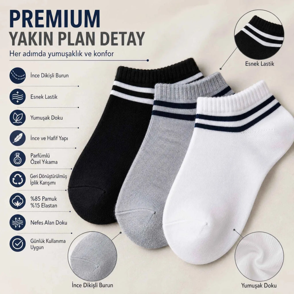 Unisex Çizgili Patik Çorap 6'lı | %85 Pamuklu Geri Dönüşüm İplikli, İnce Dikişli Spor