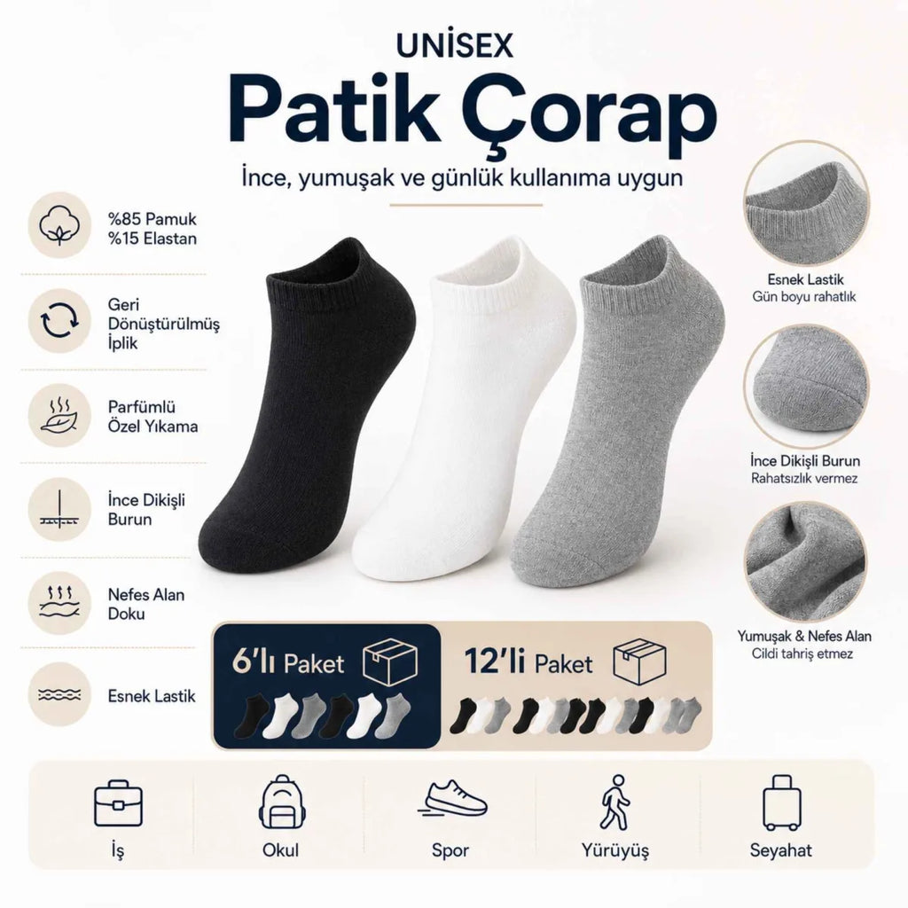 Unisex Dikişsiz Patik Çorap 12'li | %85 Pamuklu Geri Dönüşüm İplikli, Nefes Alan Spor