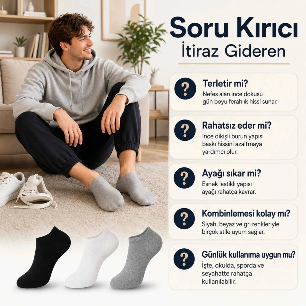 Unisex Dikişsiz Kısa Konç 12’li Patik Çorap, %85 Pamuklu Geri Dönüştürülmüş İplik, Parfümlü, Siyah Beyaz Gri, Yumuşak Nefes Alan Günlük Spor Çorabı