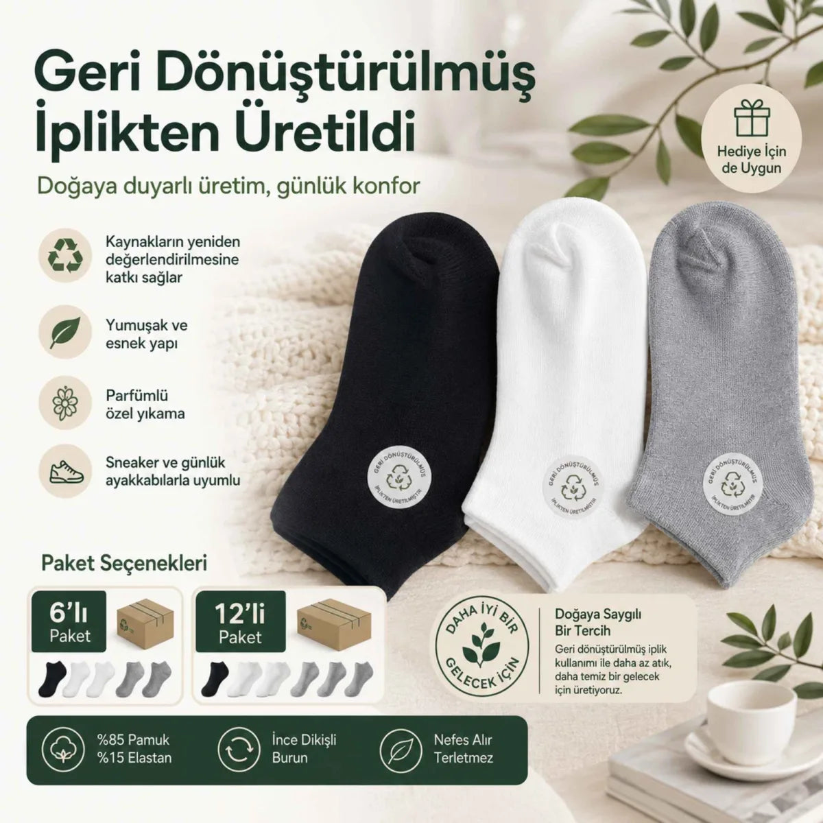 Unisex Dikişsiz Kısa Konç 6’lı Patik Çorap, %85 Pamuklu Geri Dönüştürülmüş İplik, Parfümlü, Siyah Beyaz Gri, Yumuşak Nefes Alan Günlük Spor Çorabı