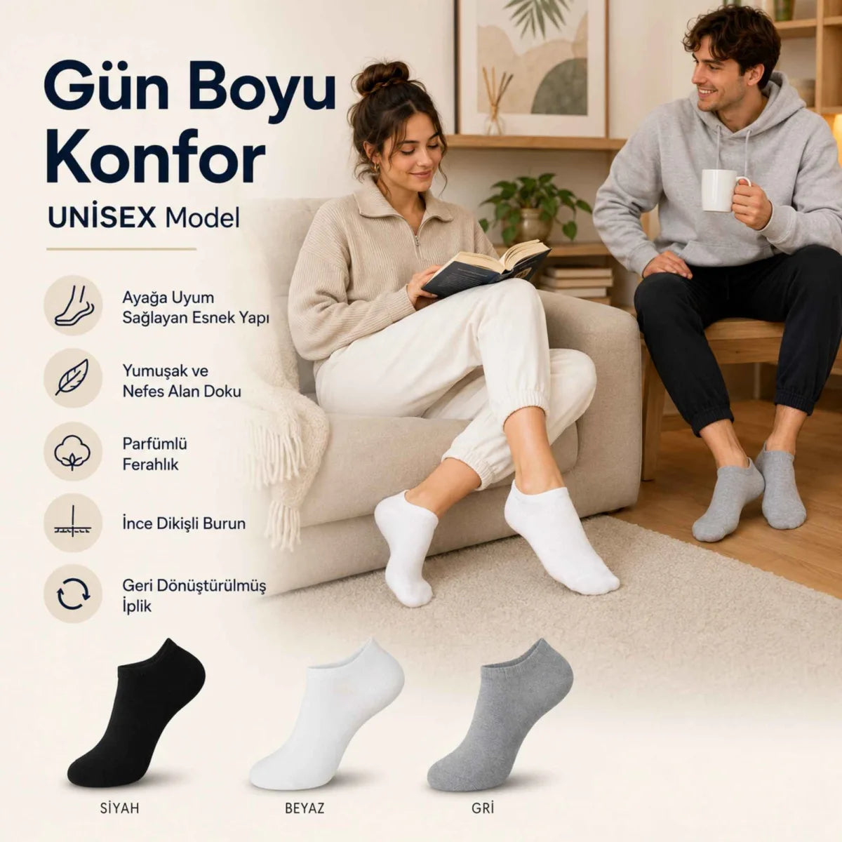 Unisex Kısa Konç 12’li Patik Çorap, %85 Pamuklu Geri Dönüştürülmüş İplik, Parfümlü İnce Dikişli, Günlük Spor Çorabı