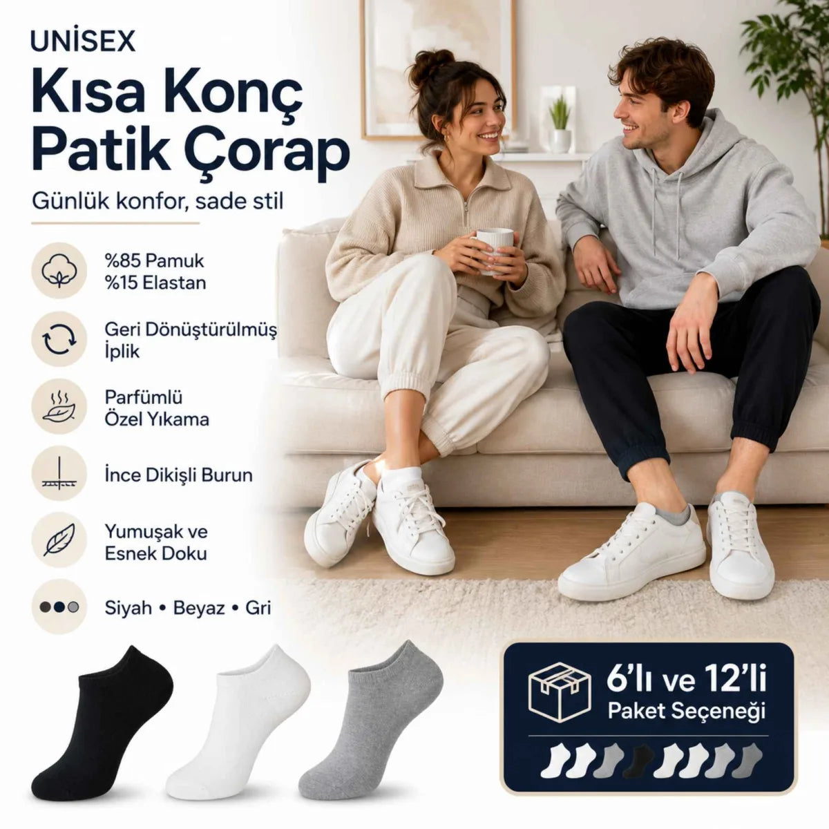 Unisex Kısa Konç 6’lı Patik Çorap, %85 Pamuklu Geri Dönüştürülmüş İplik, Parfümlü İnce Dikişli, Günlük Spor Çorabı