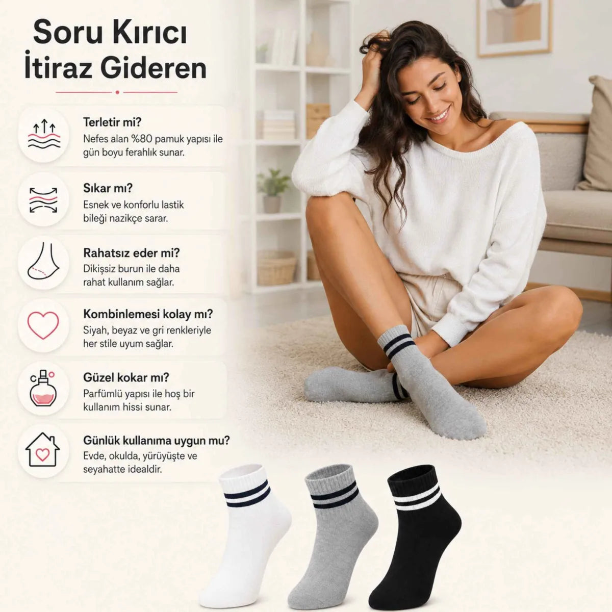 Unisex Çizgili Bilek Çorap 6'lı | %80 Pamuklu Dikişsiz Burun, Siyah Beyaz Gri Günlük Spor
