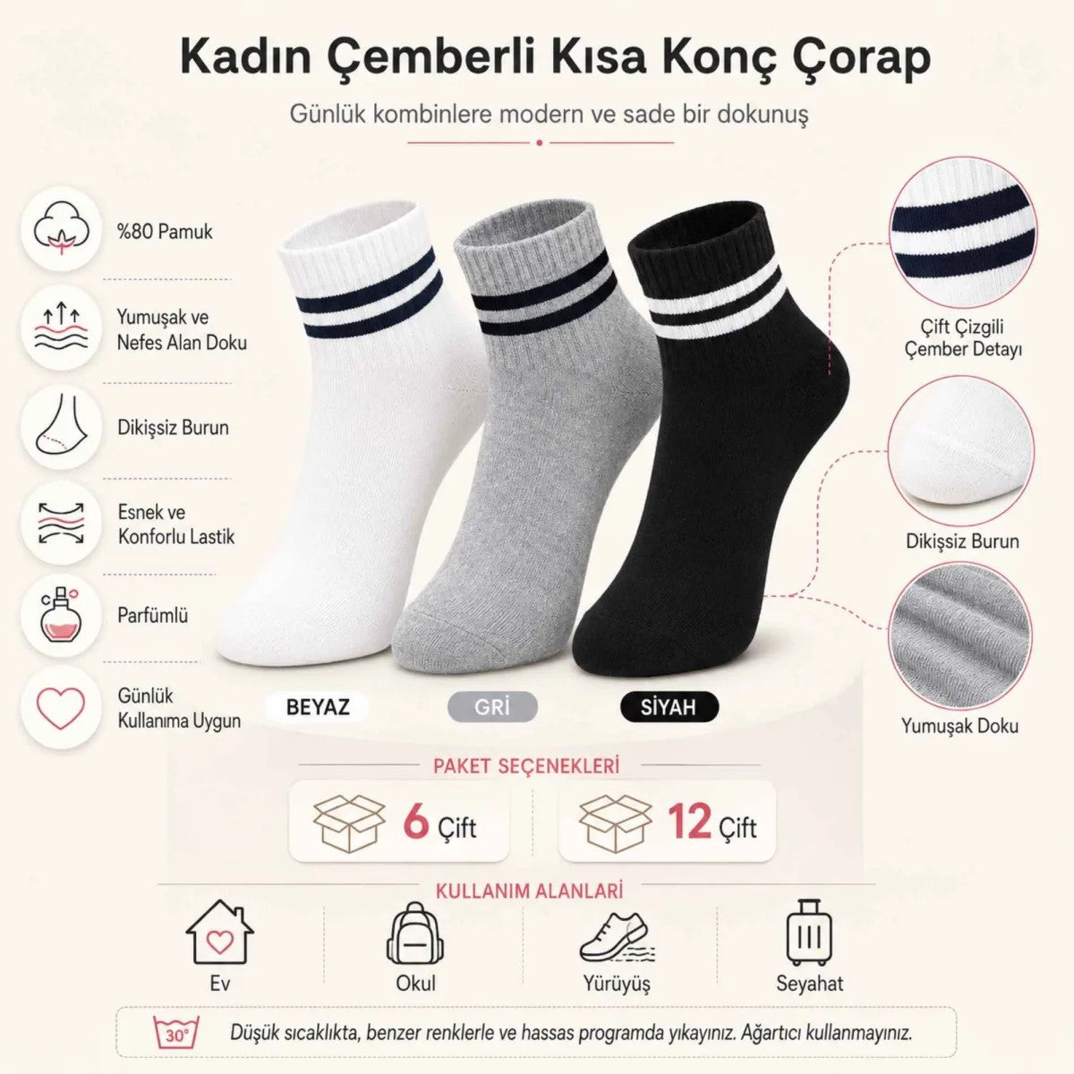 Unisex Çizgili Bilek Çorap 6'lı | %80 Pamuklu Dikişsiz Burun, Siyah Beyaz Gri Günlük Spor