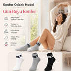 Unisex Çizgili Bilek Çorap 6'lı | %80 Pamuklu Dikişsiz Burun, Siyah Beyaz Gri Günlük Spor