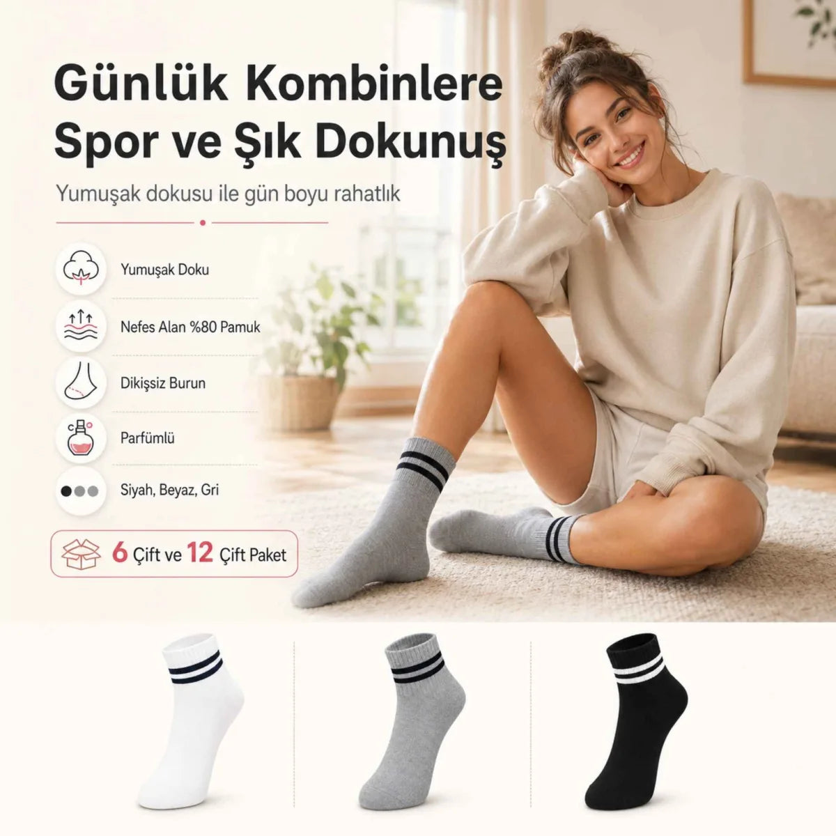 Unisex Çizgili Bilek Çorap 6'lı | %80 Pamuklu Dikişsiz Burun, Siyah Beyaz Gri Günlük Spor