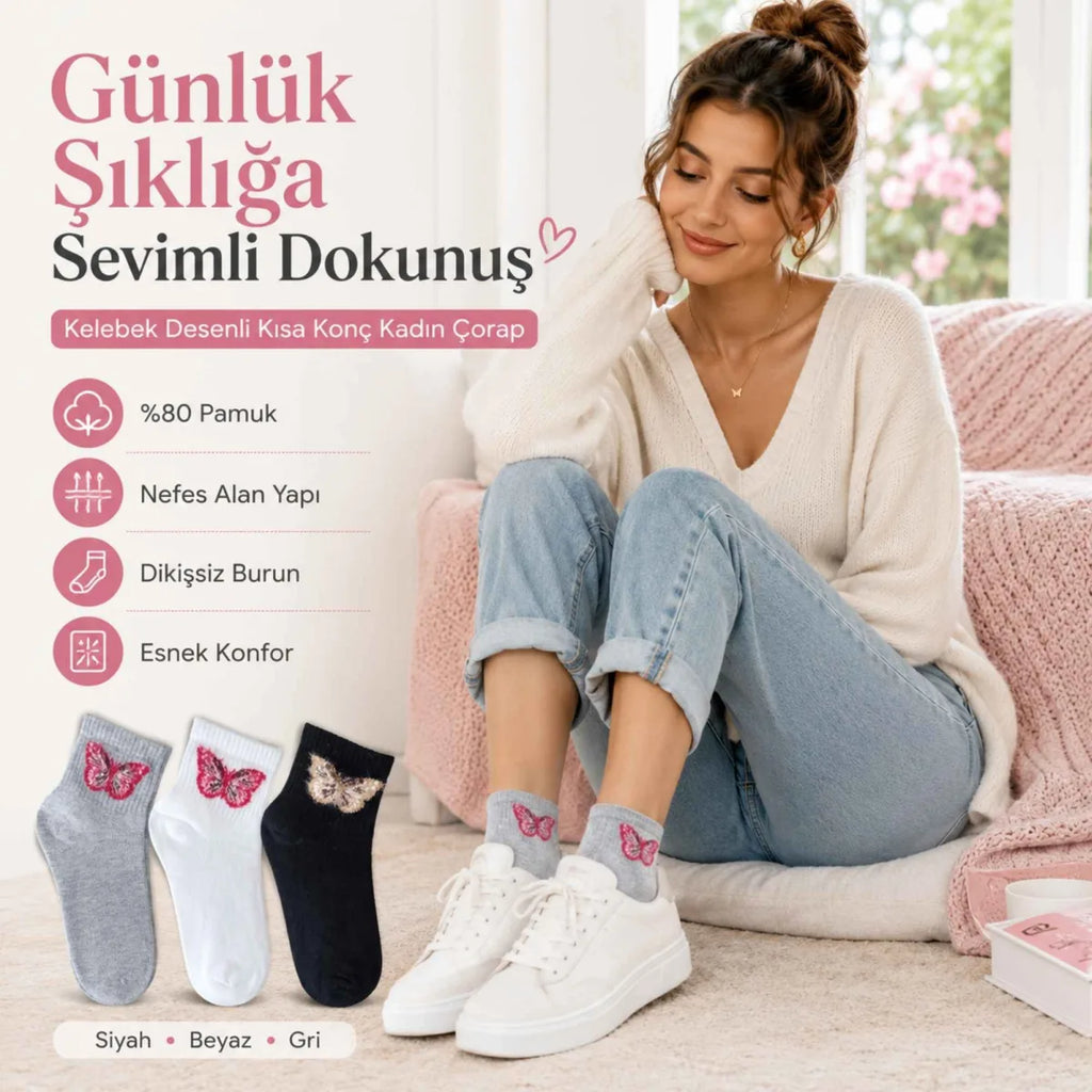 Kadın Kelebek Desenli Kısa Konç Çorap 12’li Paket, %80 Pamuklu Dikişsiz Burun, Nefes Alan Yumuşak Bilek Çorabı, Siyah Beyaz Gri